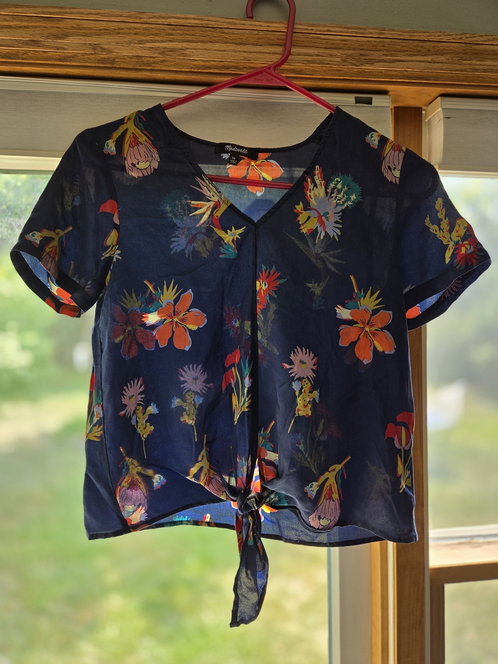 Madewell Navy Floral Tie-Front Short Sleeve Top